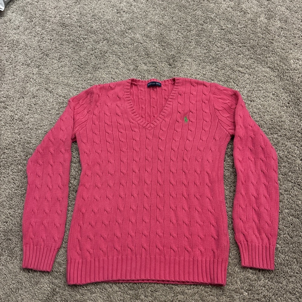Polo Ralph Lauren Pink Cable Knit Cotton V Neck Sweater Women L Green Pony Logo